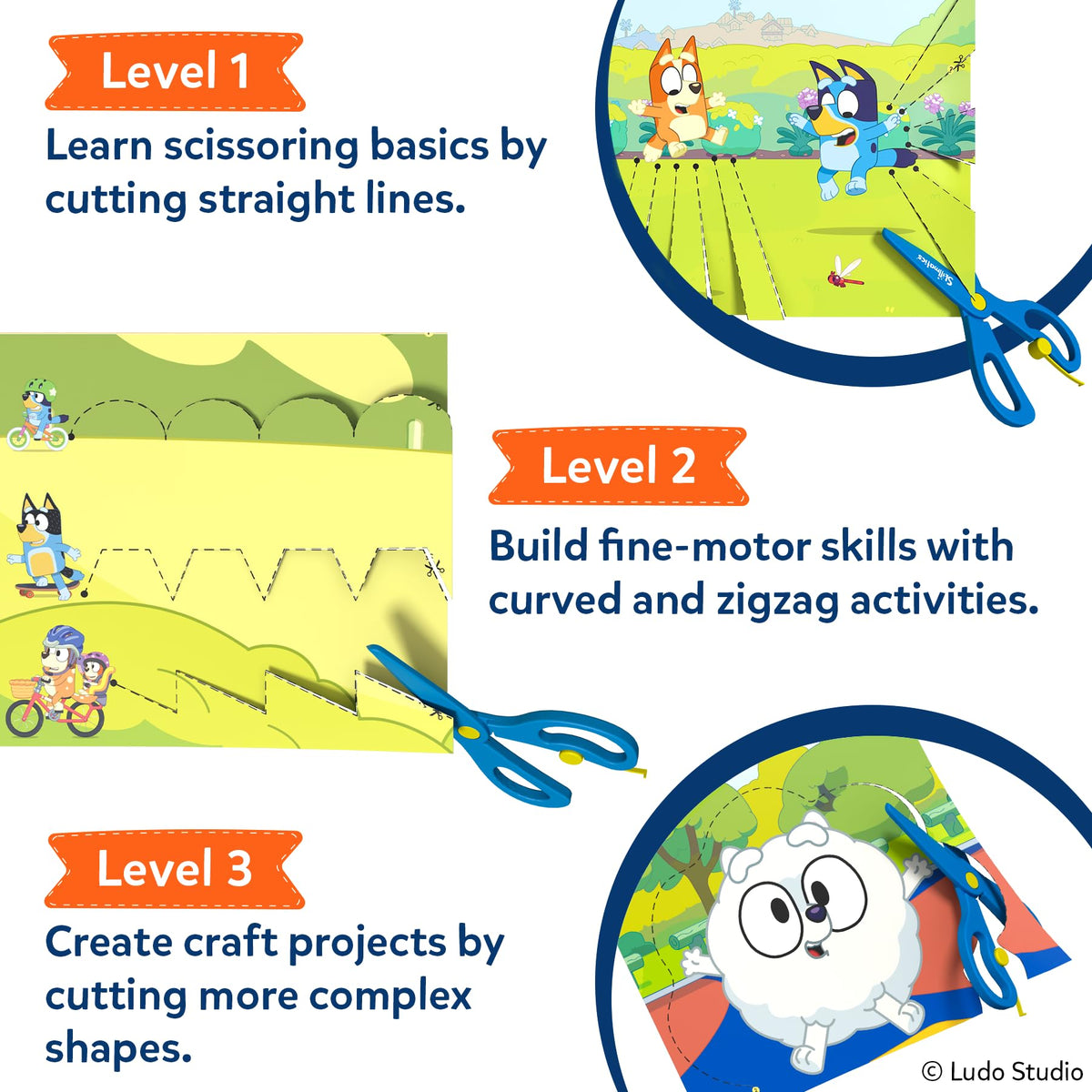 Skillmatics Bluey Cutting activities from lines to shapes for practice.