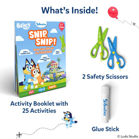 Skillmatics Bluey Activity Book pages open showing kid-friendly cutting tasks.