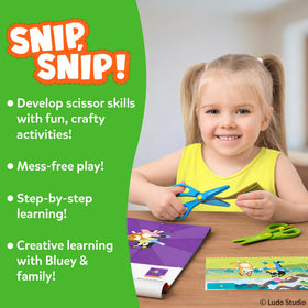 Skillmatics Bluey Scissor Skills kit with kid-safe scissors for safe cutting practice.