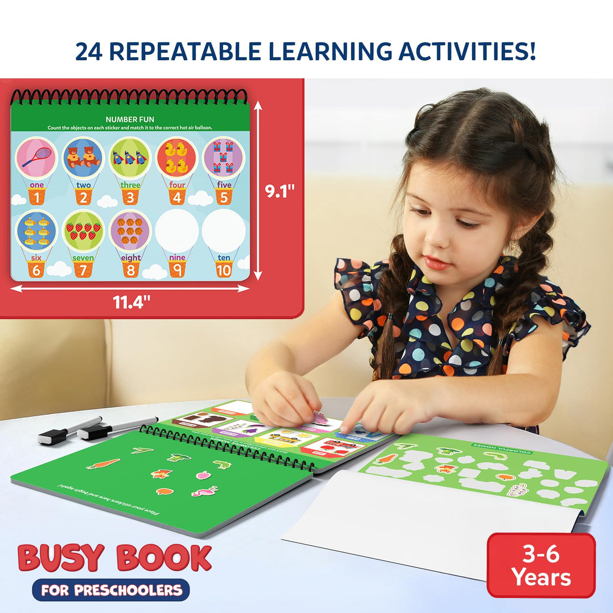 Skillmatics Busy Book activity pages show 24 hands-on tasks for preschoolers.