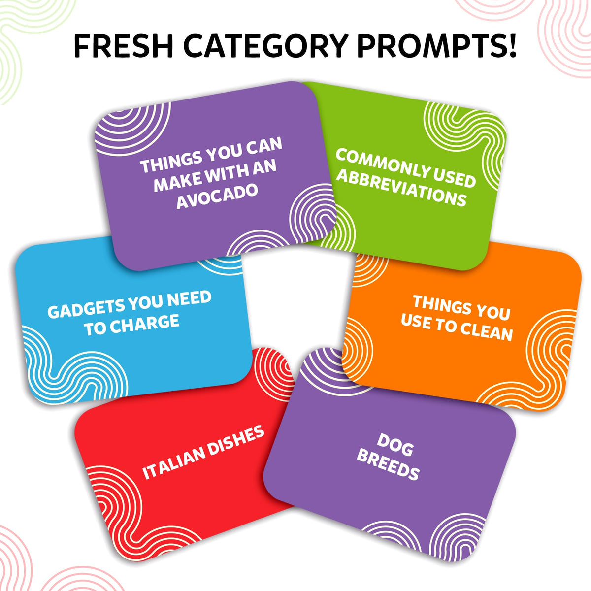 Skillmatics 200 category cards spread for diverse prompts.
