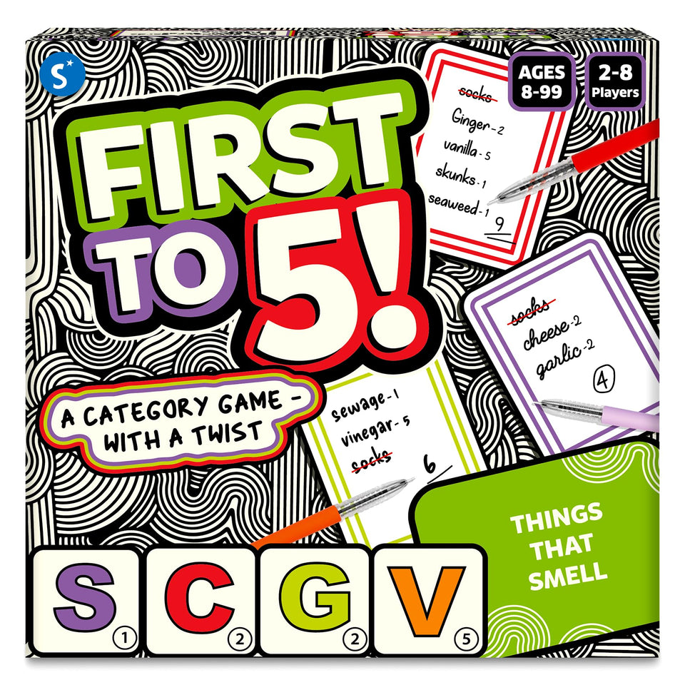 Skillmatics first-to-5 category cards in action, ideal for quick family play.