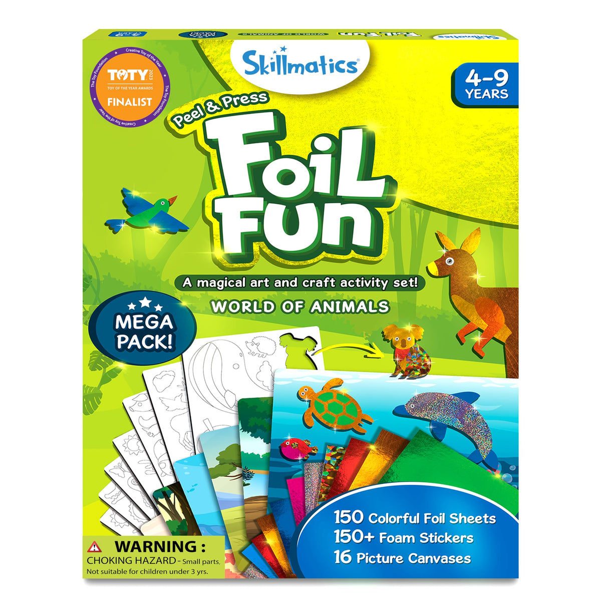 Skillmatics Foil Fun Animals Mega Pack cover image: bright, foil-based animal art concept for kids.