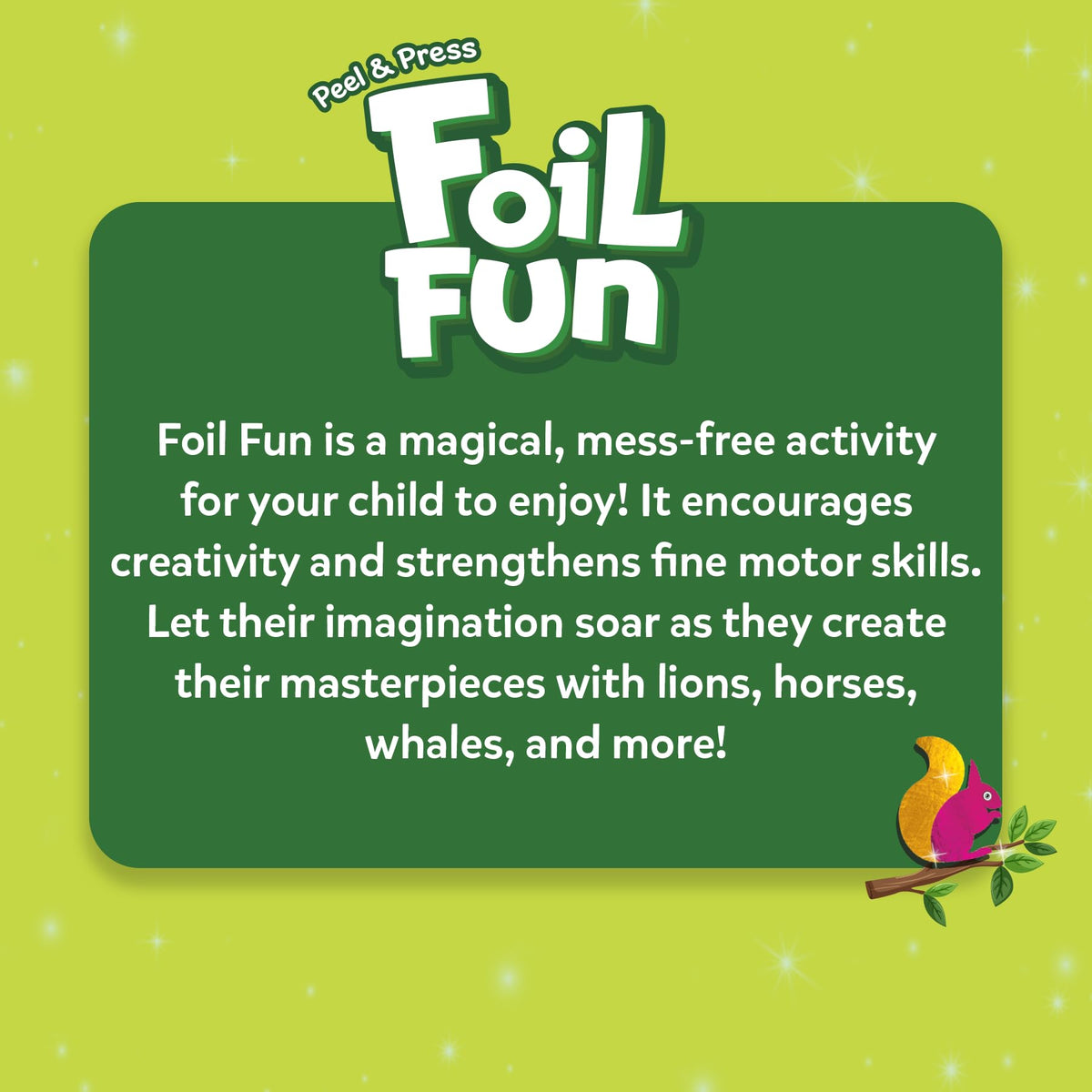 Skillmatics Foil Fun Animals no-mess feature: convenient craft without glue and cleanup.