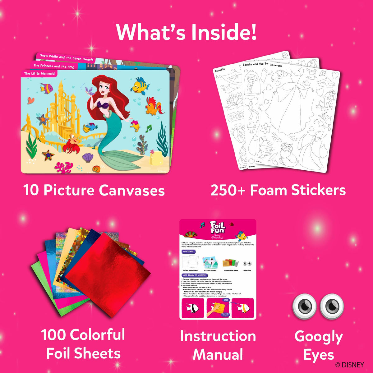 Skillmatics Foil Fun Disney Princess picture canvases guide kids through colorful scenes.