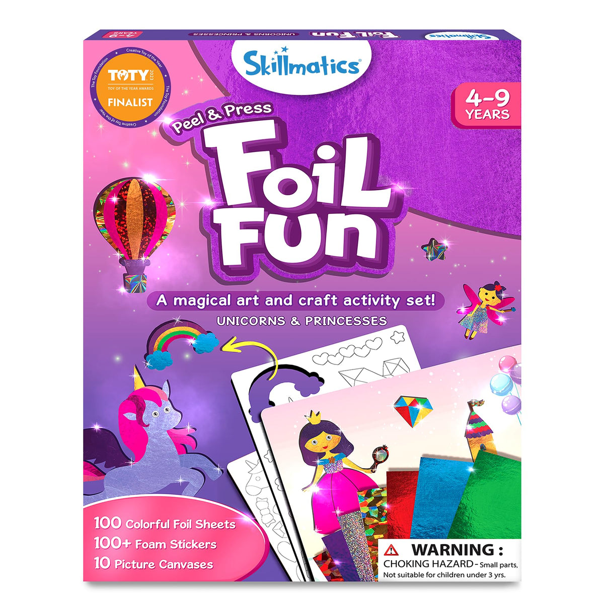 Skillmatics Foil Fun foil sheets used for bright, mess-free crafting with unicorns and princesses