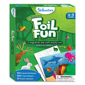 Skillmatics Foil Fun travel case keeps materials organized for on-the-go crafts.