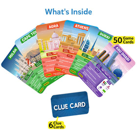 Skillmatics Guess in 10 Cities game cards for strategic city guessing
