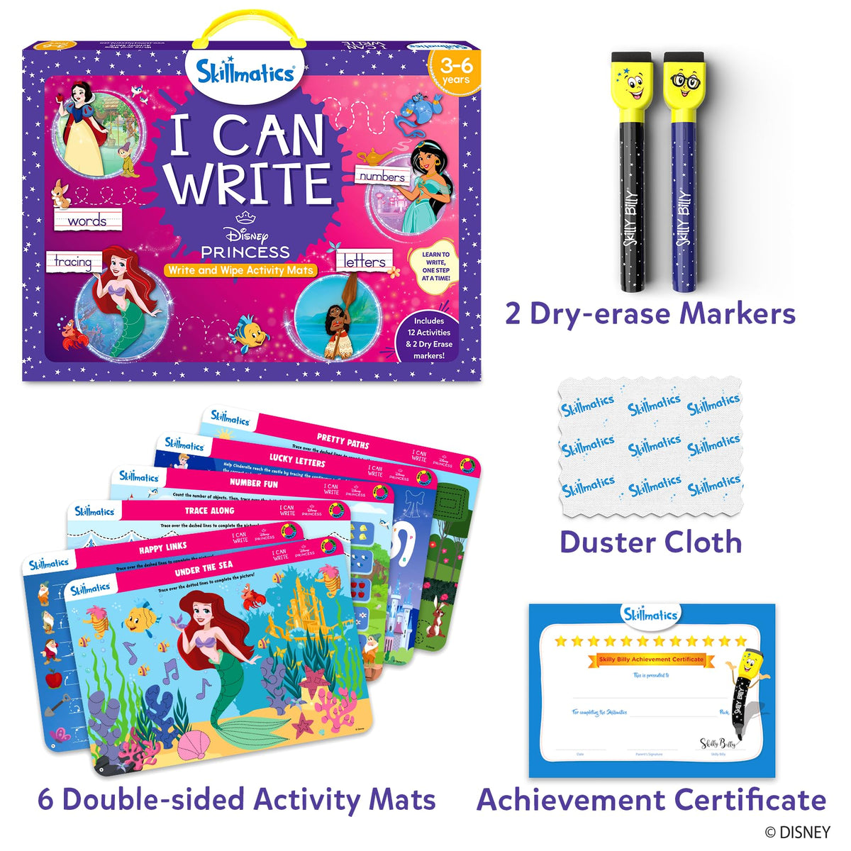 Skillmatics I Can Write Disney Princess mats back view showing reusable surface