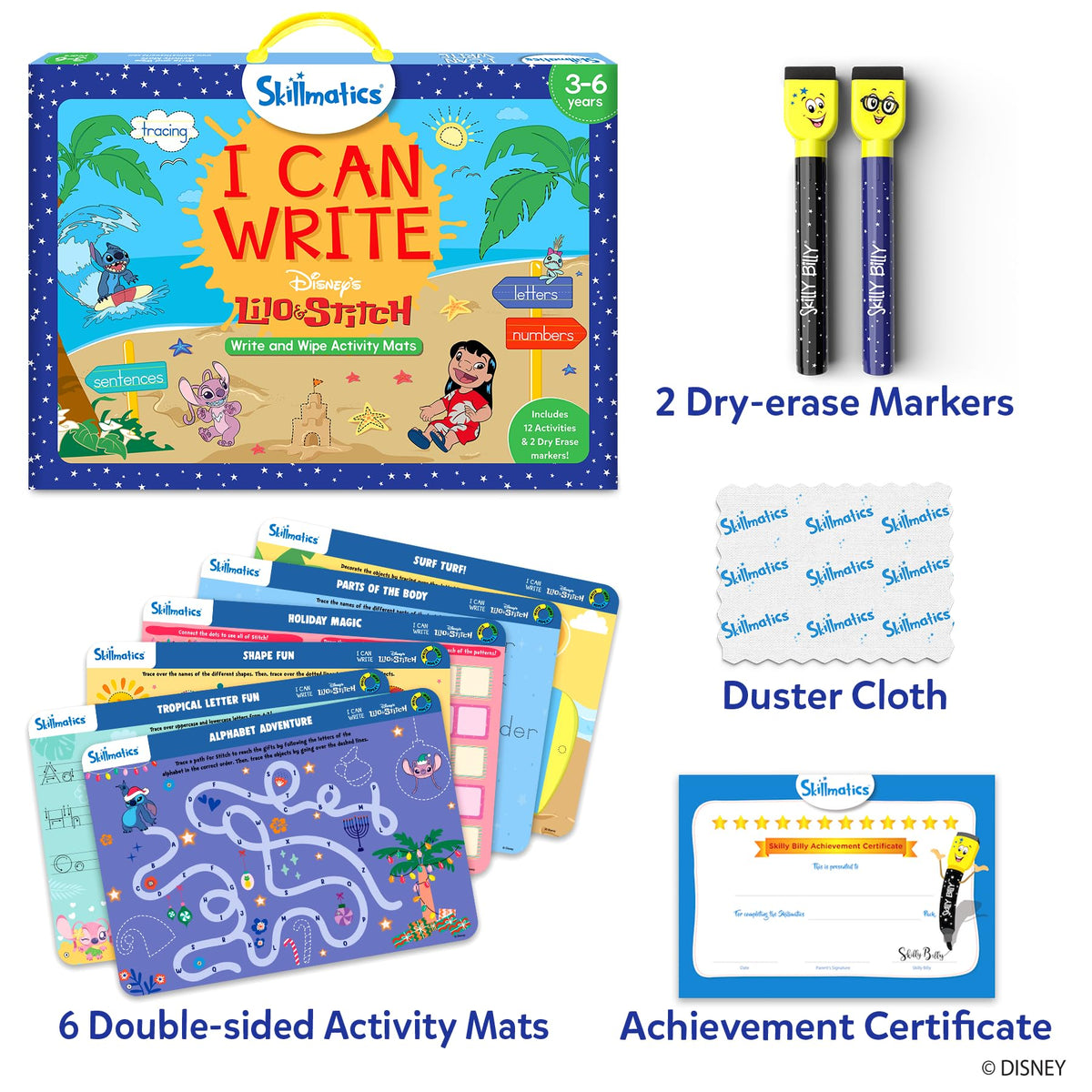 Side A view shows writing activities with Disney characters on the mats.