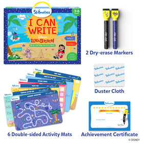 Side A view shows writing activities with Disney characters on the mats.
