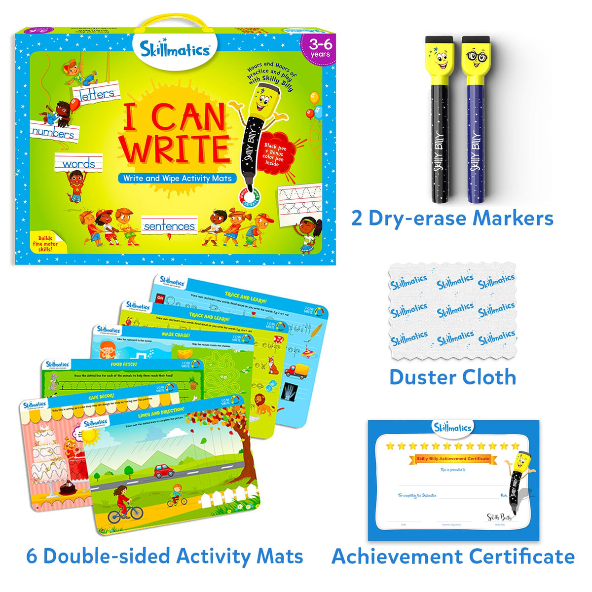 Skillmatics I Can Write mats spread displays 14 activities for reading and writing practice