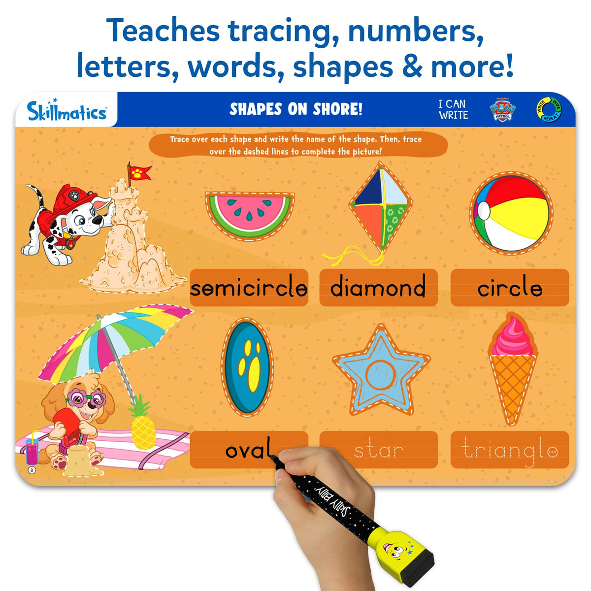 Skillmatics I Can Write PAW Patrol tracing words mat promotes handwriting and word recognition