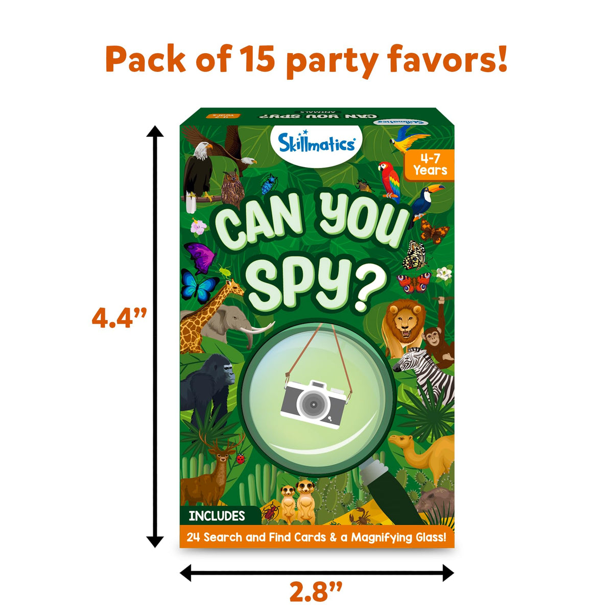 Magnifying glass included with Skillmatics party favor for detailed searching.