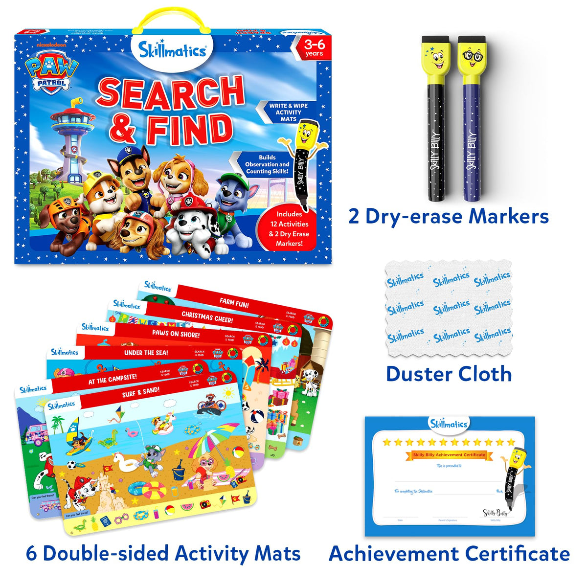 Skillmatics Paw Patrol scene side A encourages object search and focus.
