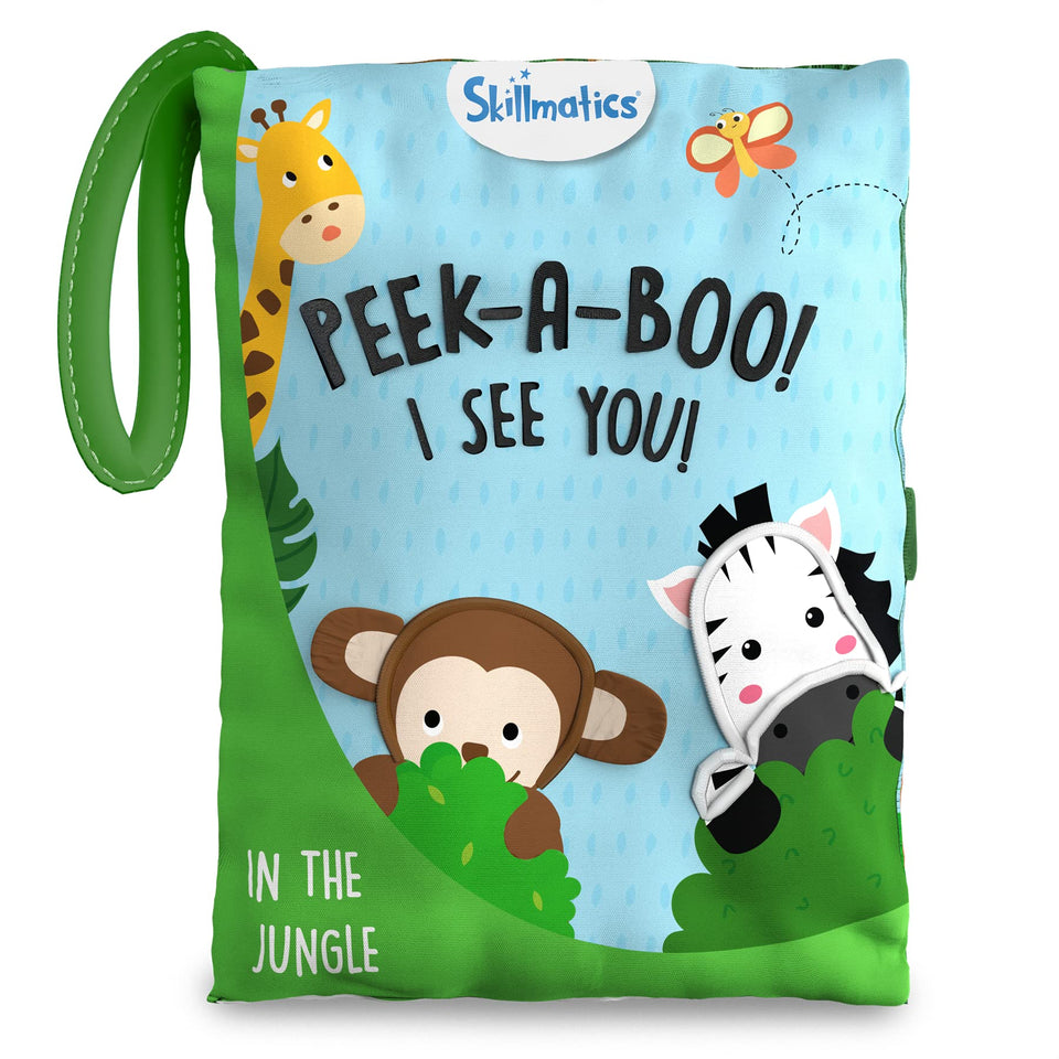 Skillmatics Peek-A-Boo Jungle Book cover, soft fabric for safe baby handling