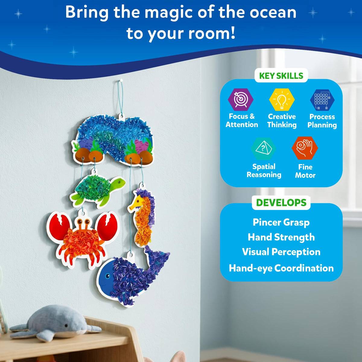 Skillmatics Poke-in Art string ties pieces into a hanging ocean mobile.