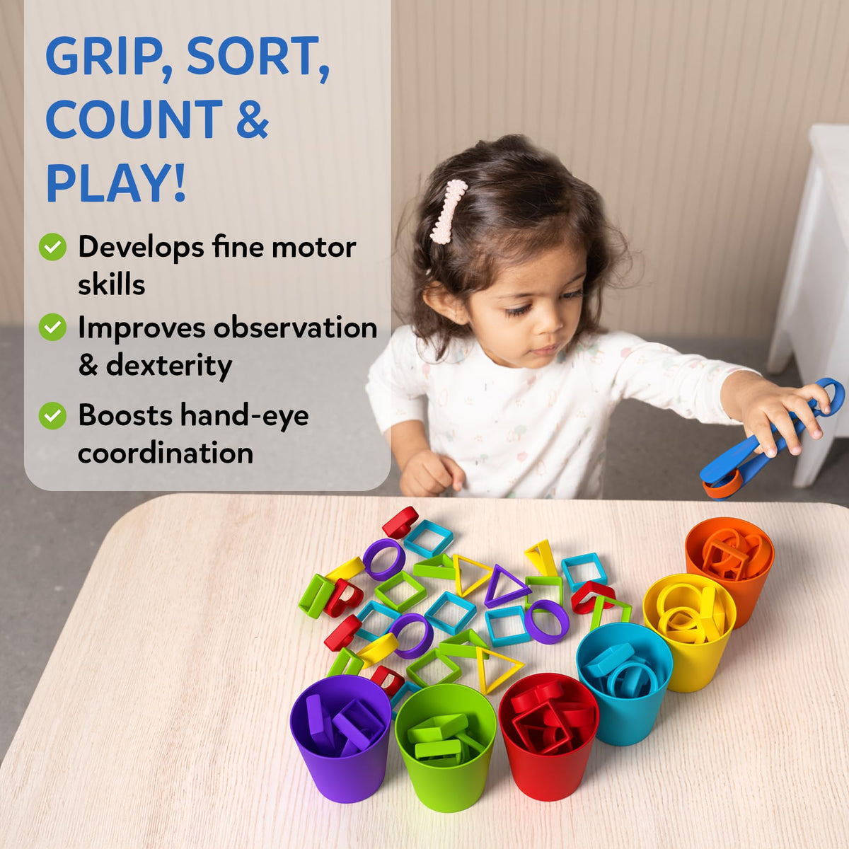 Skillmatics rainbow sort cups setup shows sorting practice and fine motor control.
