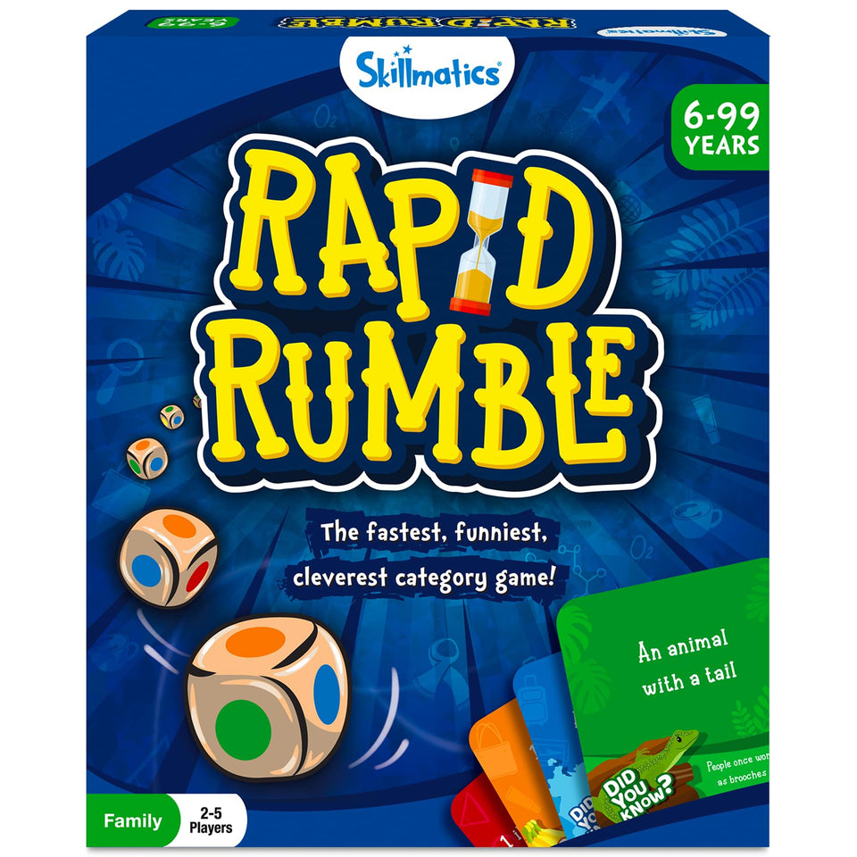 Skillmatics Rapid Rumble category cards spread for fast-thinking rounds.
