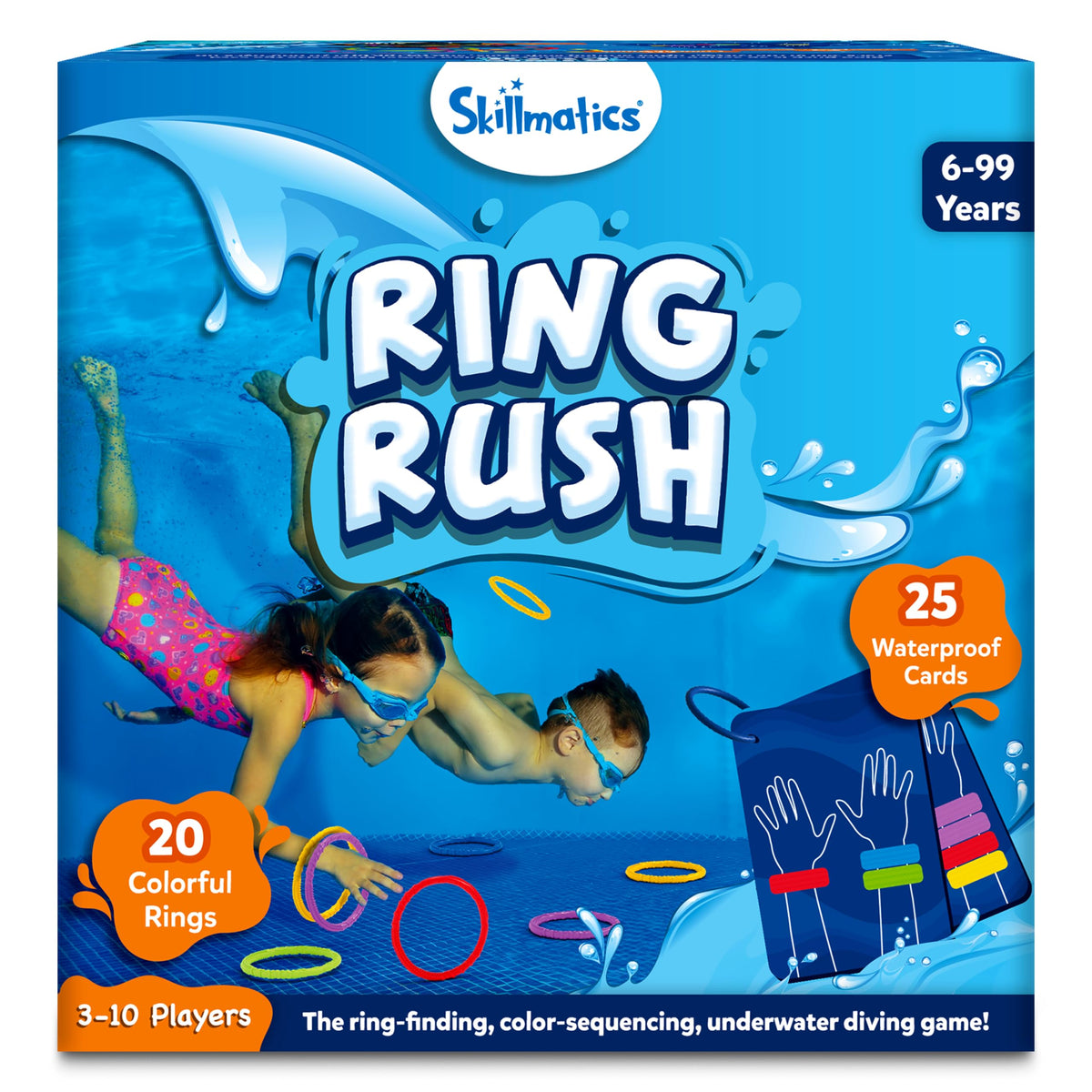 Skillmatics Ring Rush diving toys pool scene—fun, sunny pool party activity.