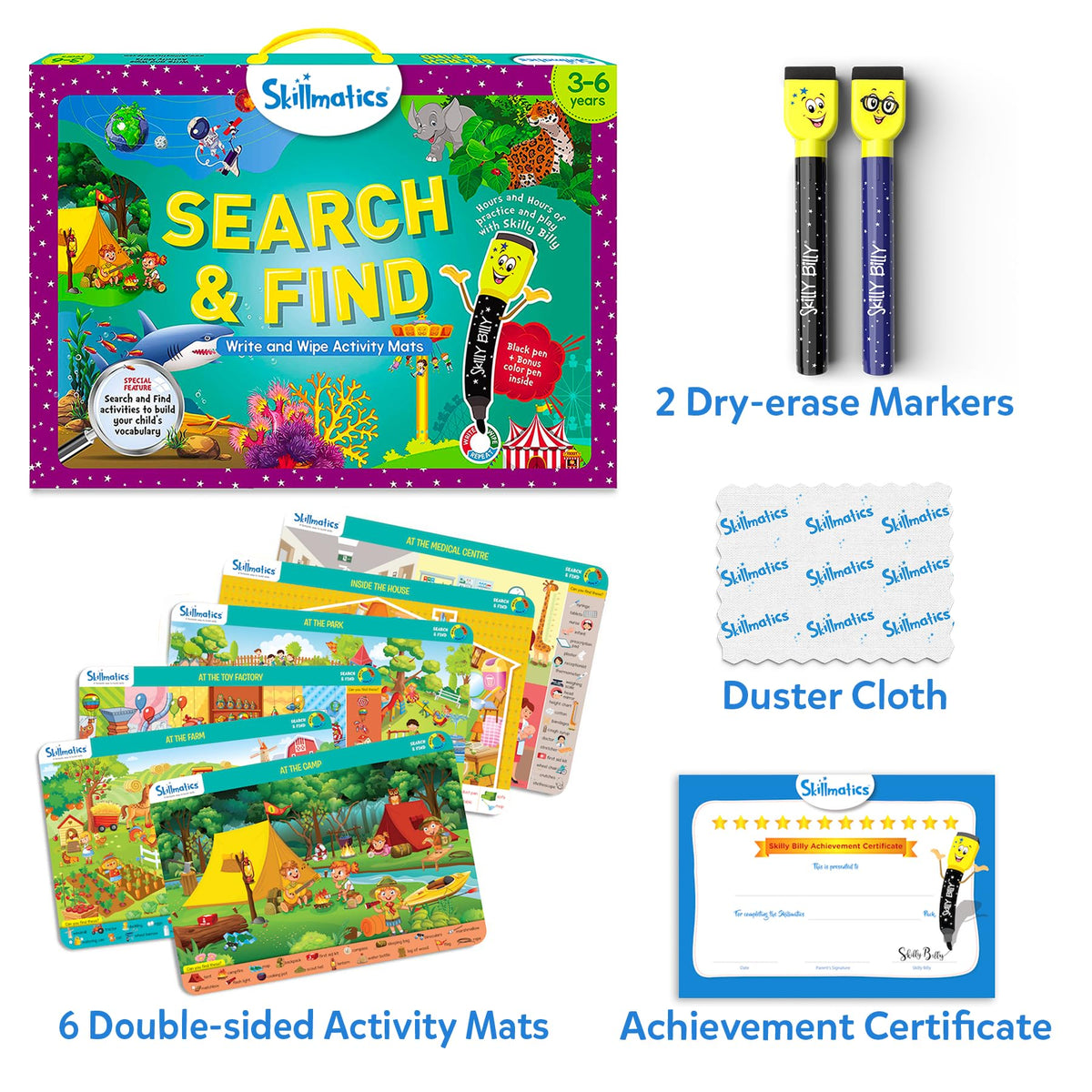 Skillmatics mats show jungle safari clues for observational skills and word recall