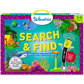 Skillmatics Search and Find mats laid out in a park scene to boost vocabulary
