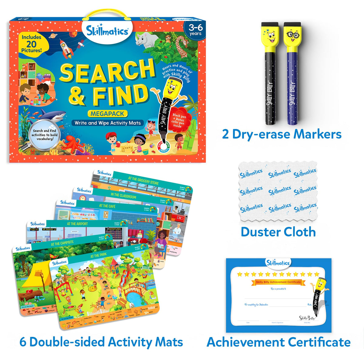 Skillmatics Megapack double-sided mats for versatile learning games and exploration.