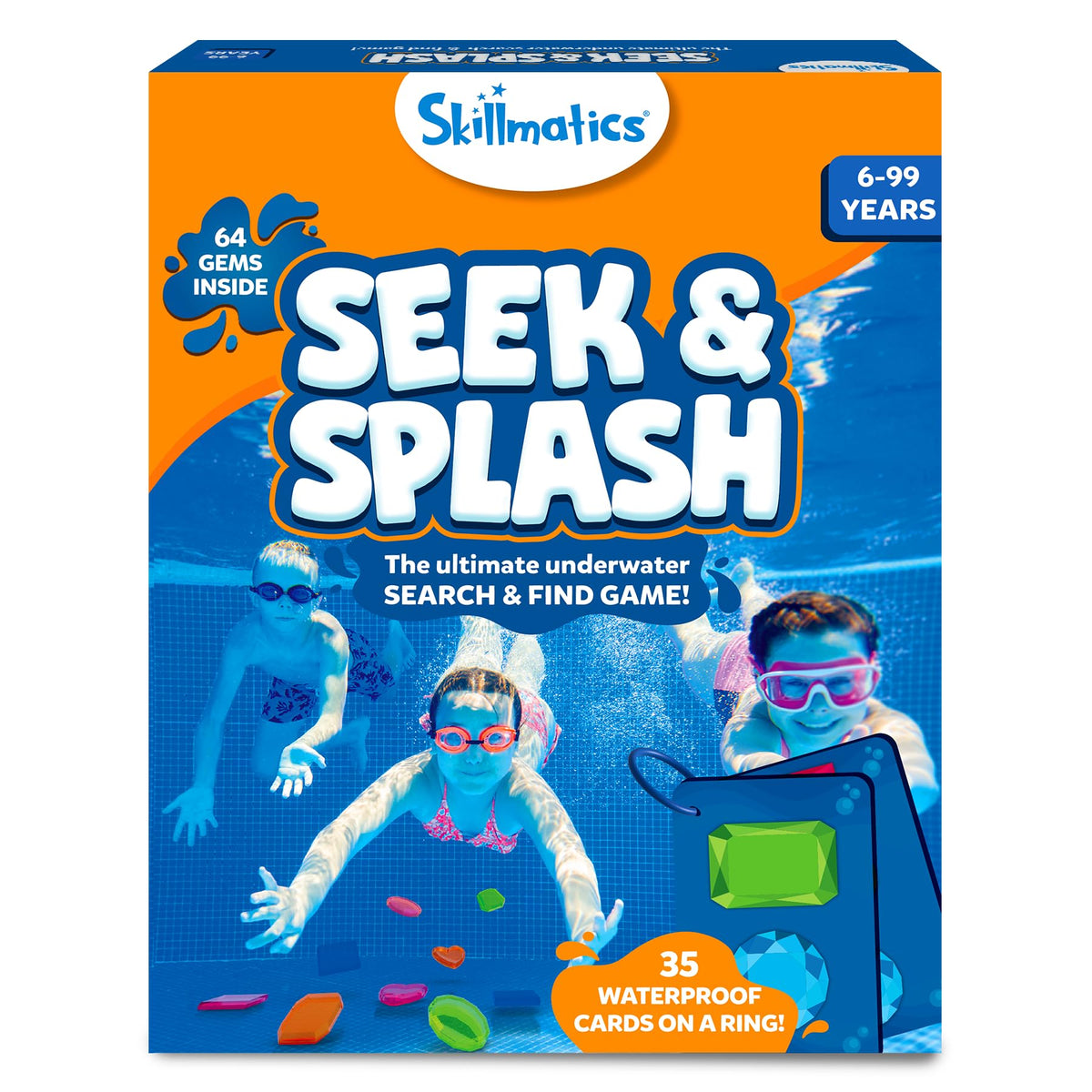 Skillmatics Seek & Splash gems in a pool for an engaging underwater treasure hunt.