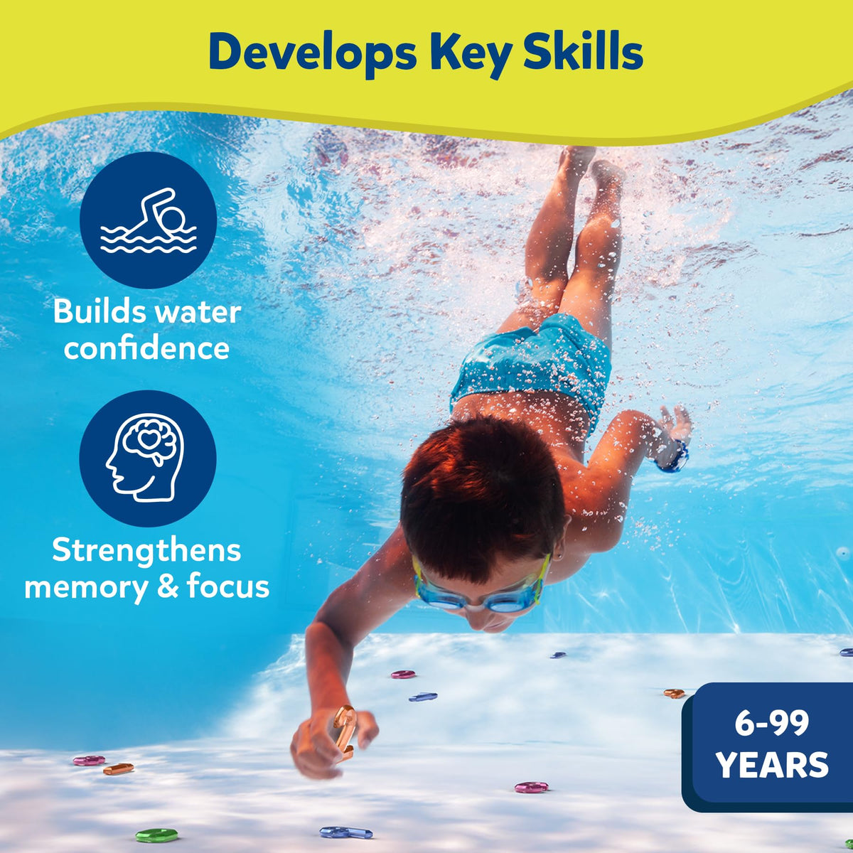 Skillmatics Seek & Splash net bag for tidy gem storage after swimming.