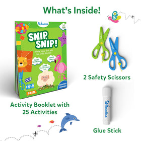 Kids perform cutting demo with Skillmatics scissors for precise control.