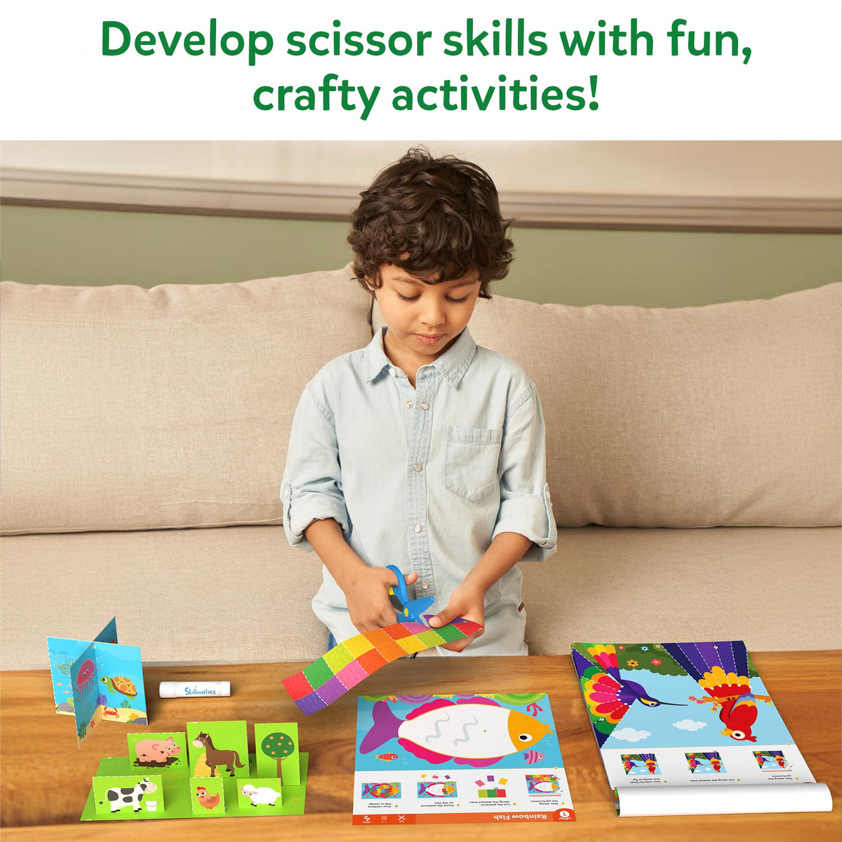Two child-safe scissors by Skillmatics enable worry-free cutting practice.