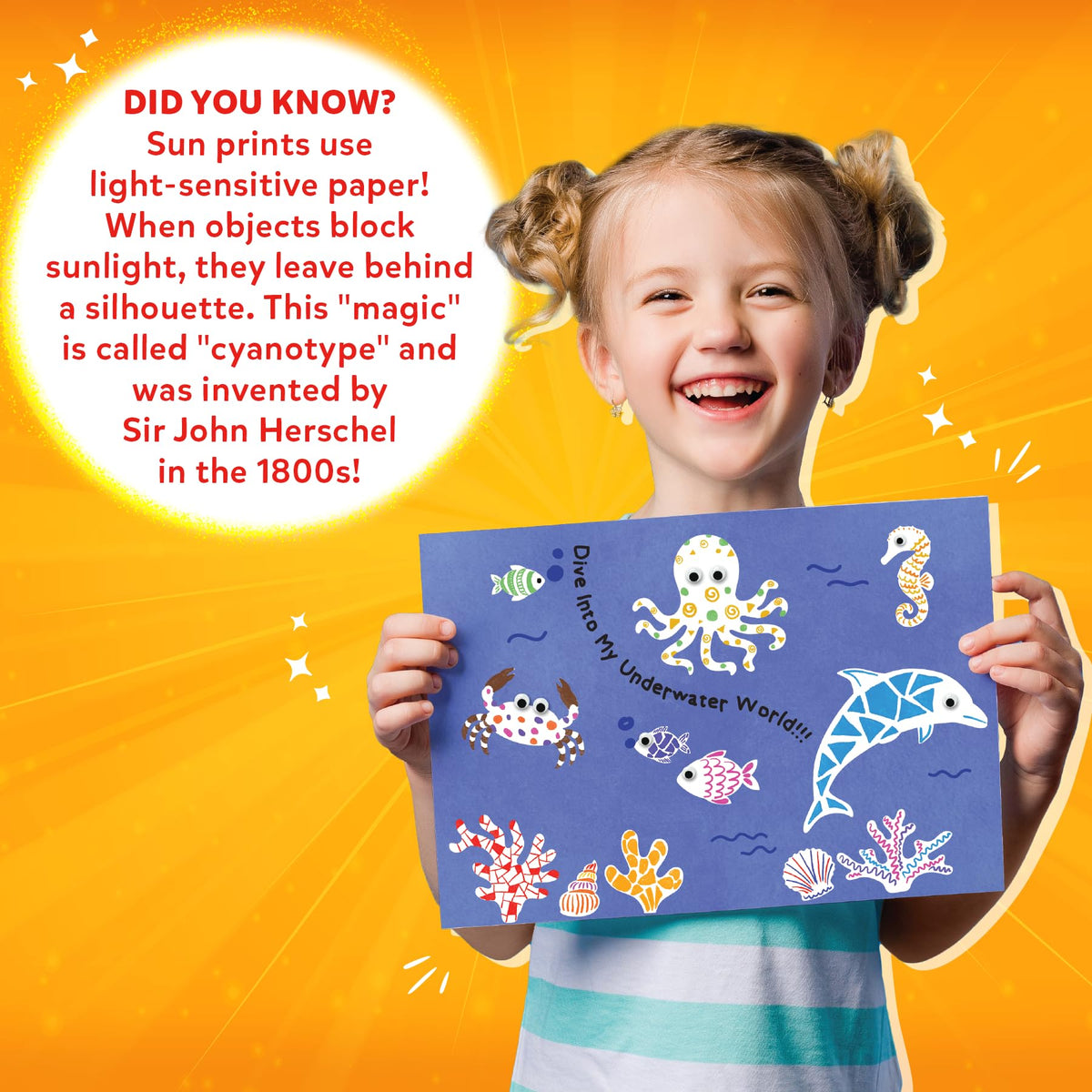 Skillmatics Sun Paper Art Kit googly eyes decorate finished designs.
