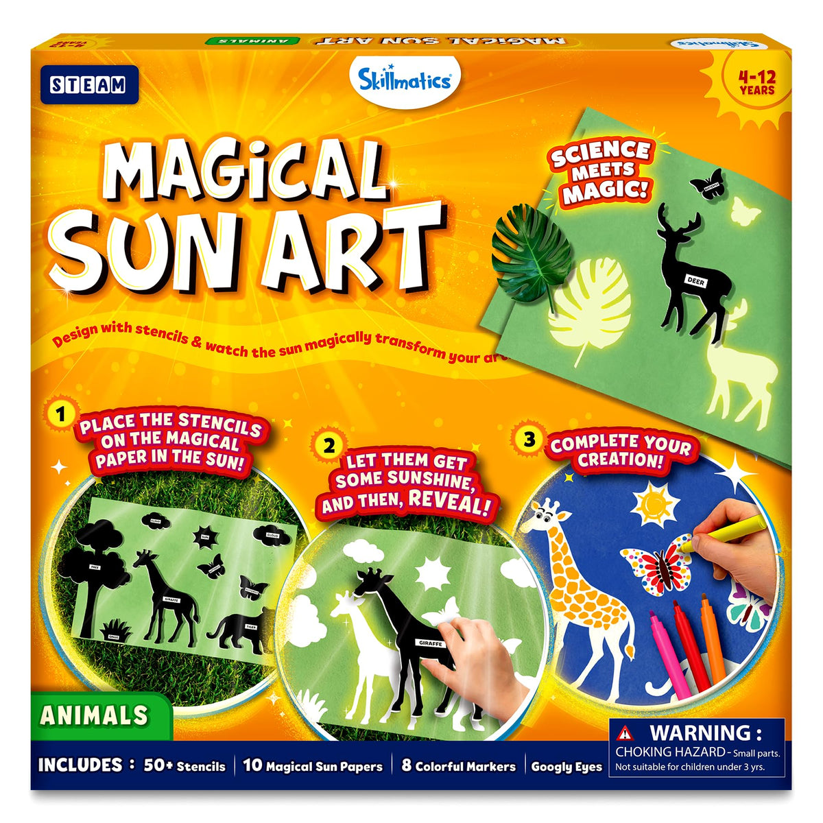 Skillmatics Sun Paper Art Kit shows stencils on sun paper to spark creative silhouettes.