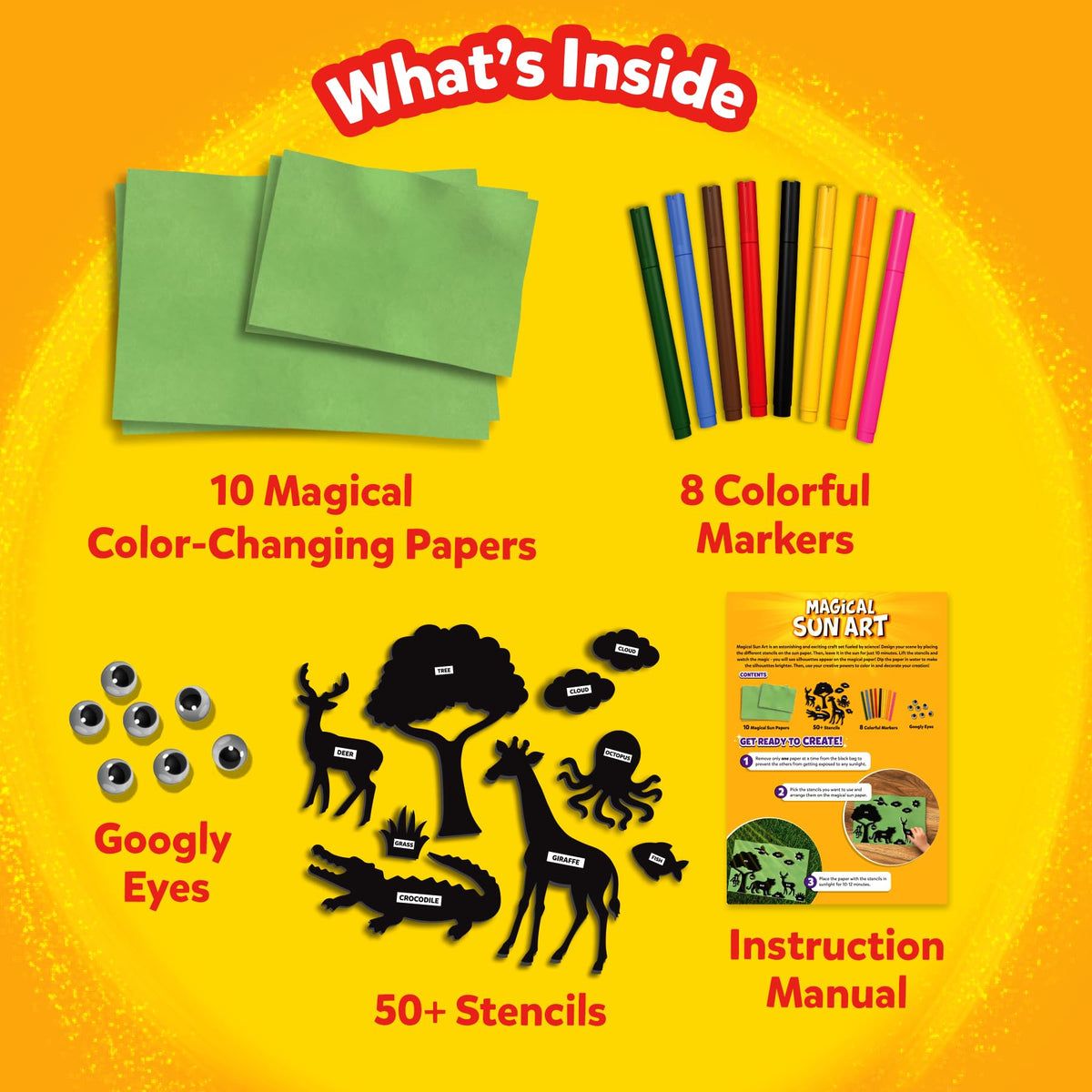 Skillmatics Sun Paper Art Kit water dip brightens prints for vivid results.