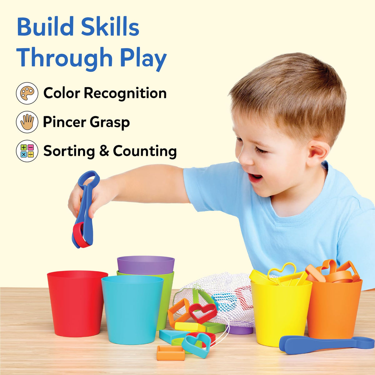 Skillmatics tongs grip practice with shapes promoting dexterity and hand-eye coordination.