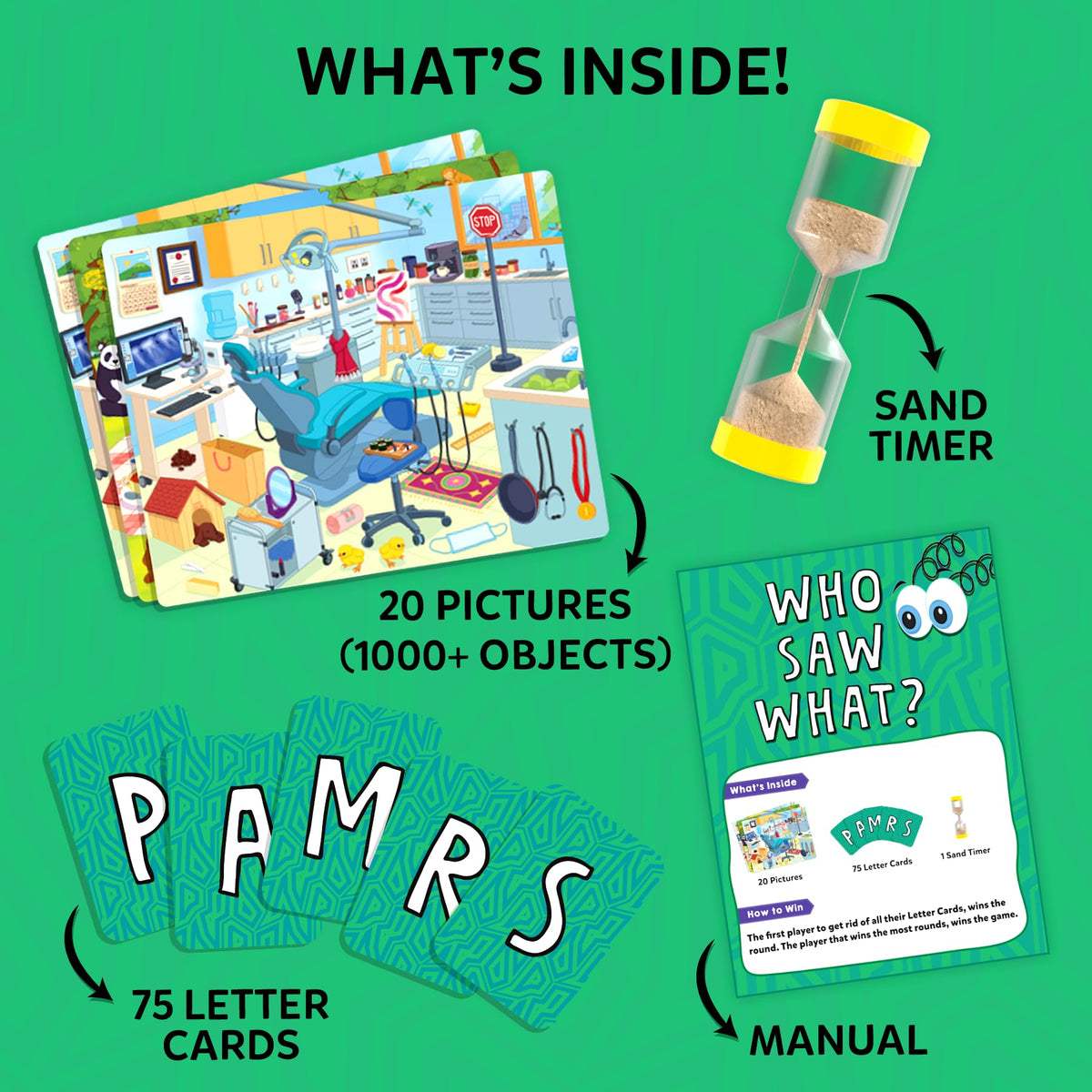 Skillmatics Who Saw What? 60 Seconds contents pack shows complete game components.