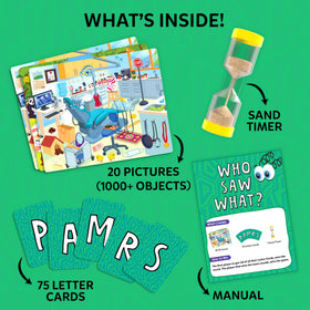 Skillmatics Who Saw What? 60 Seconds contents pack shows complete game components.