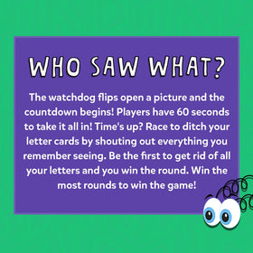 Skillmatics Who Saw What? 60 Seconds fast-paced play keeps energy high.