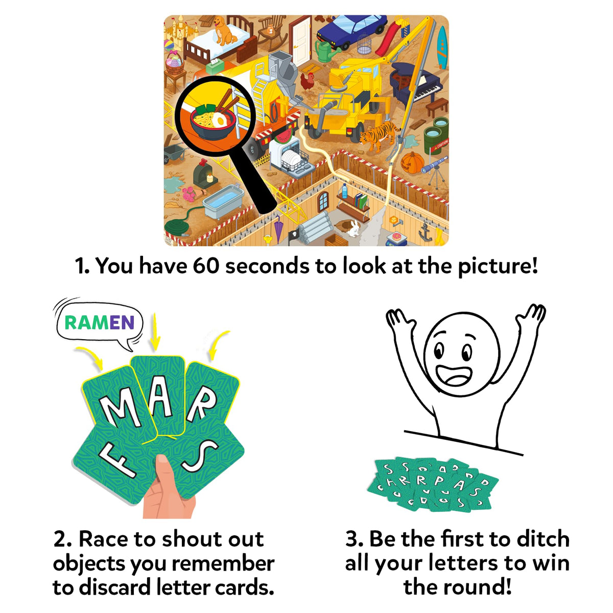 Skillmatics Who Saw What? 60 Seconds letter cards help players pace memory challenges.
