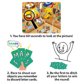 Skillmatics Who Saw What? 60 Seconds letter cards help players pace memory challenges.