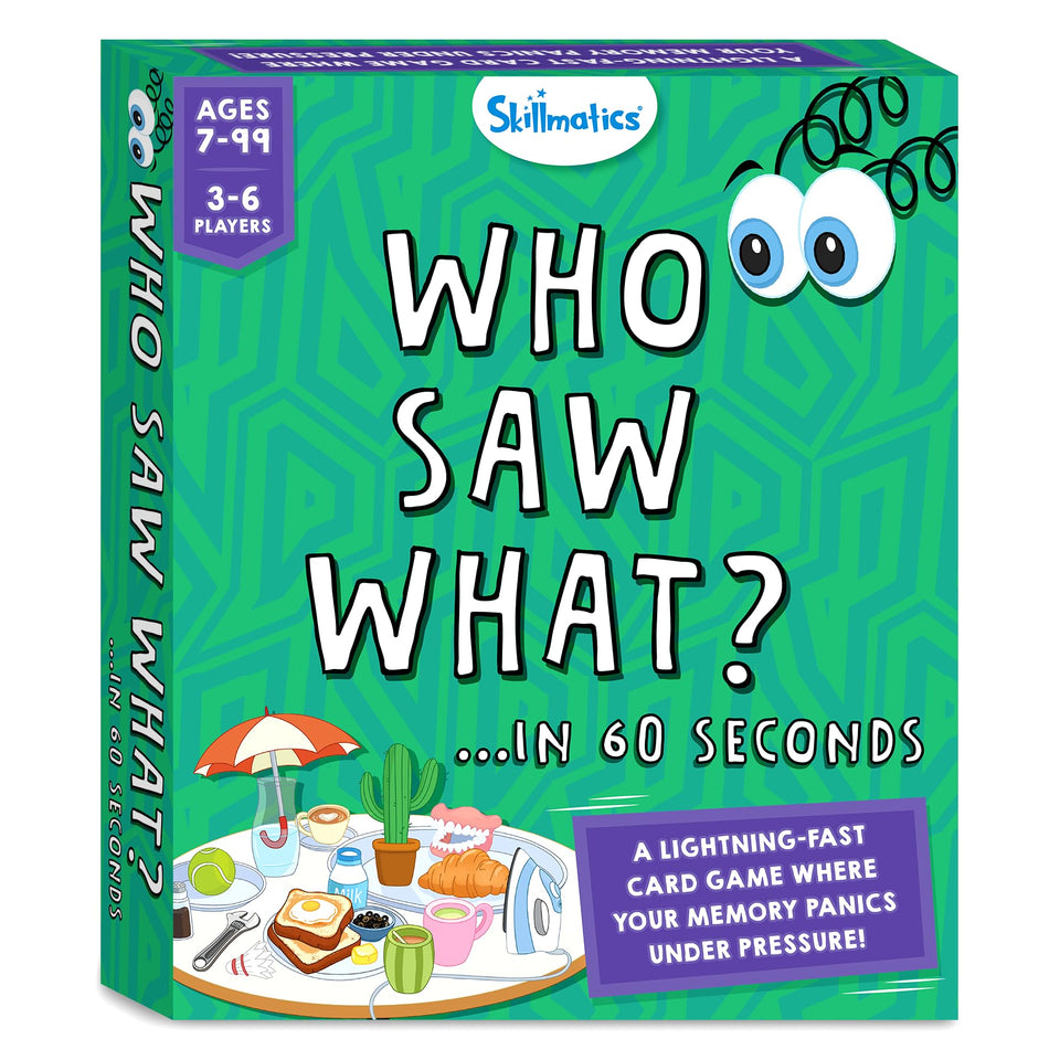 Skillmatics Who Saw What? 60 Seconds picture cards boost quick recall at family game night.