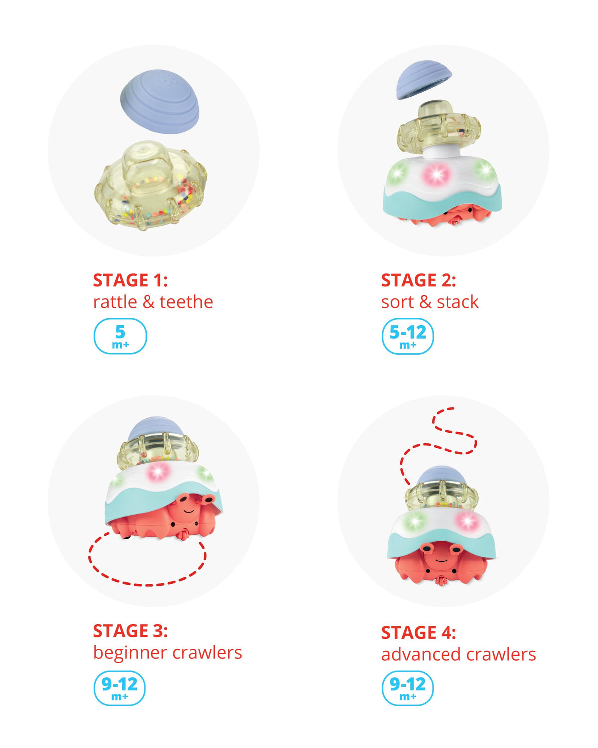 Skip Hop crab crawl toy teether and rattle soothe early teething and sensory exploration.