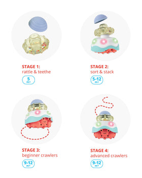 Skip Hop crab crawl toy teether and rattle soothe early teething and sensory exploration.