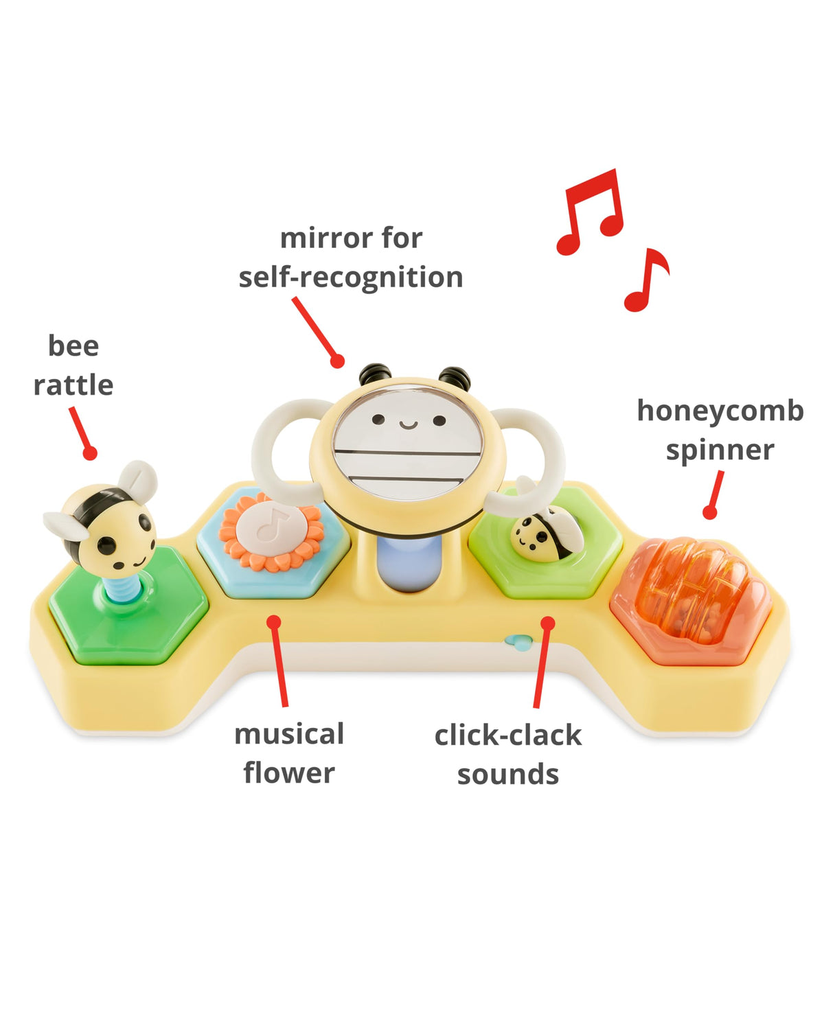 Skip Hop honeycomb spinner invites curious fingers and visual tracking during play.