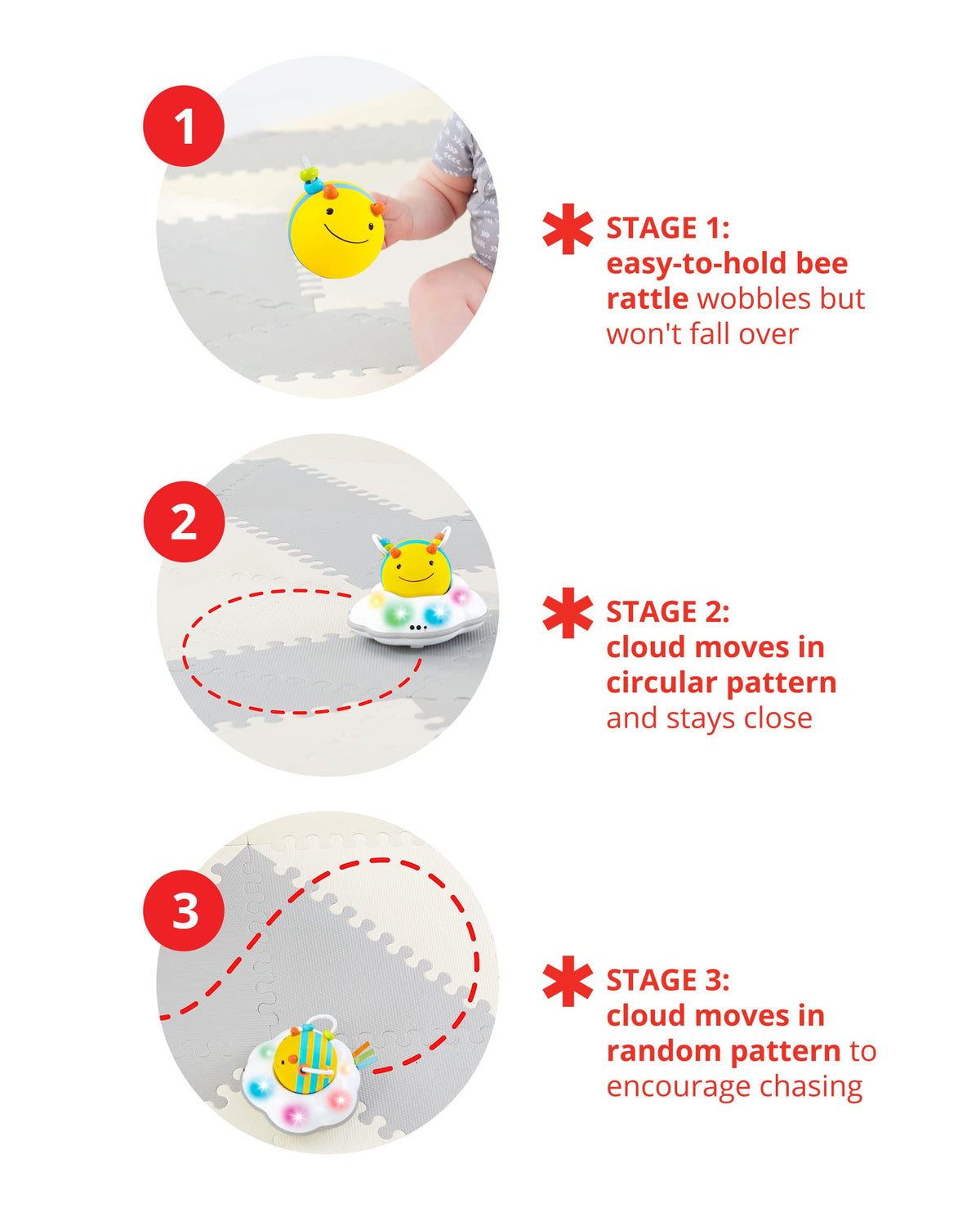 Skip Hop Follow-Me Bee music motifs provide gentle rhythms during playtime.