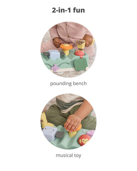 Skip Hop Geometric Wonders lion cymbal adds rhythmic cues during playtime.