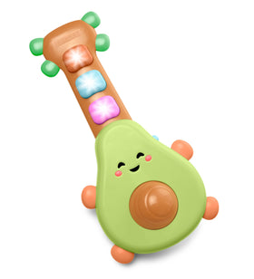 Skip Hop Rock-A-Mole Guitar avocado pit spin adds tactile engagement.