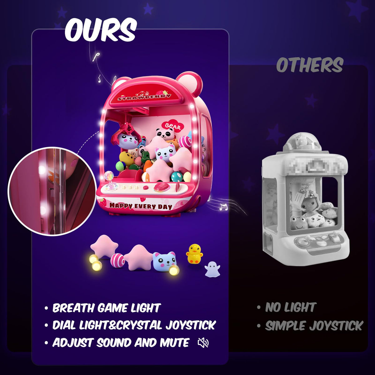 Skirfy unicorn prizes visible inside the claw machine ready to grab