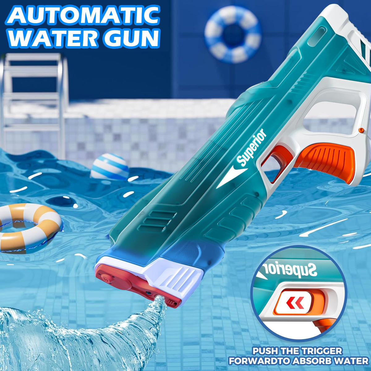 Durable ABS casing visible on the Skirfy water gun for long-lasting play.