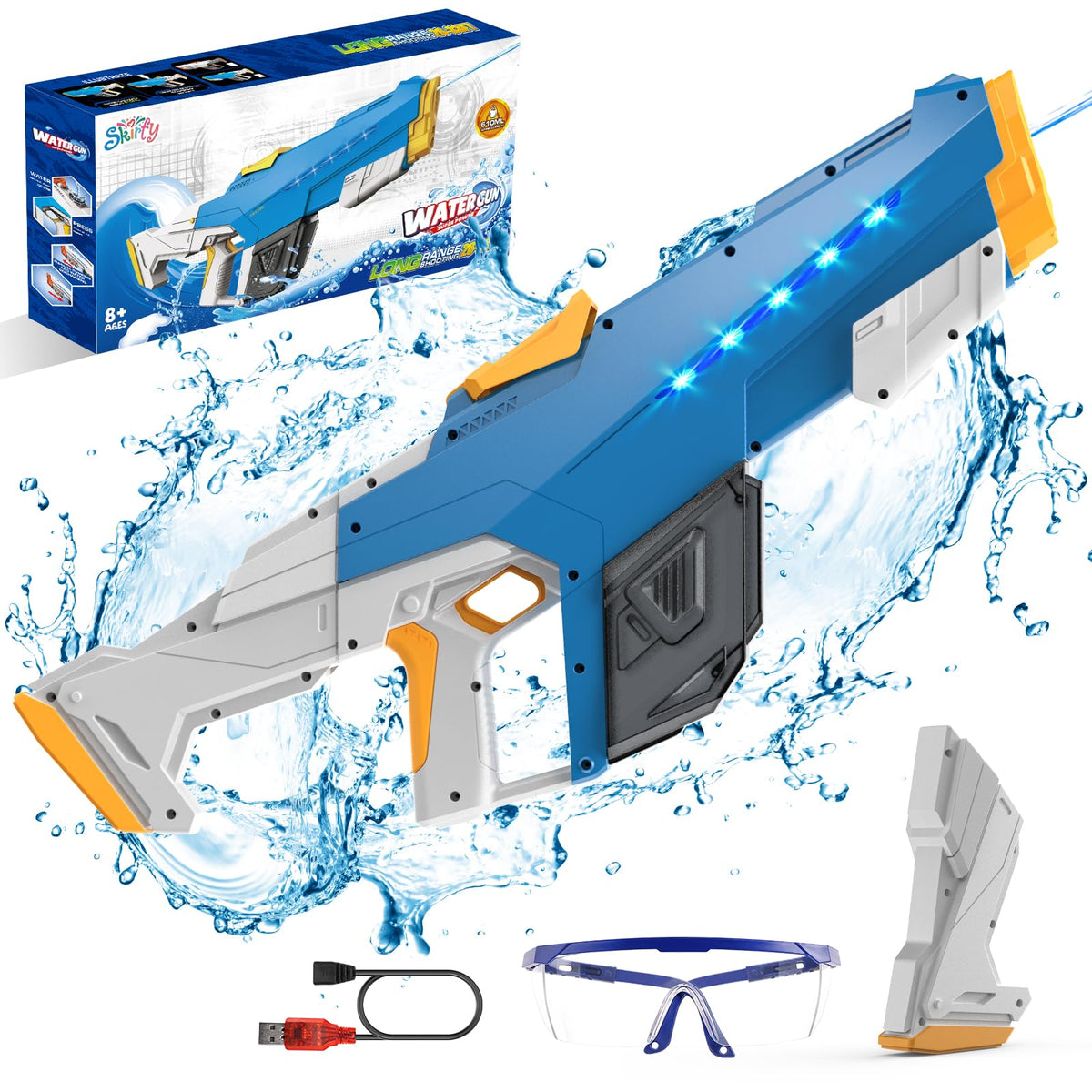 Skirfy electric water gun blue front view for beach battles